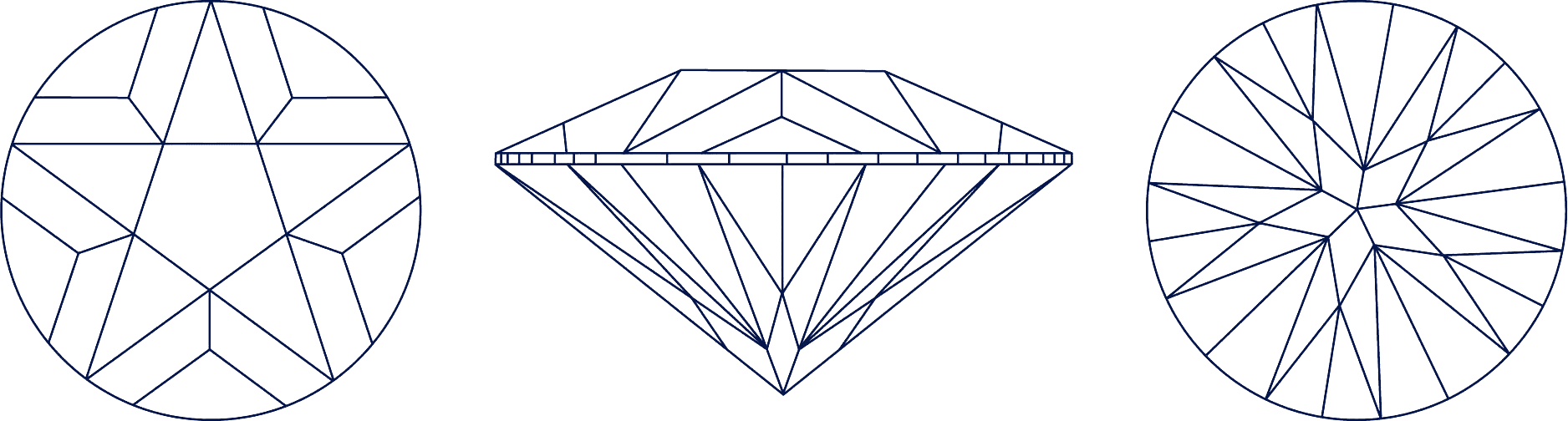 Line drawings of the Leonardo Da Vinci Cut: the crown with its pentagonal table, the profile, and the pavilion