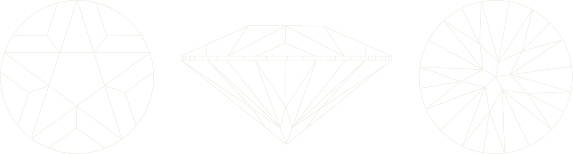 Line drawings of the Leonardo Da Vinci Cut: the crown with its pentagonal table, the profile, and the pavilion